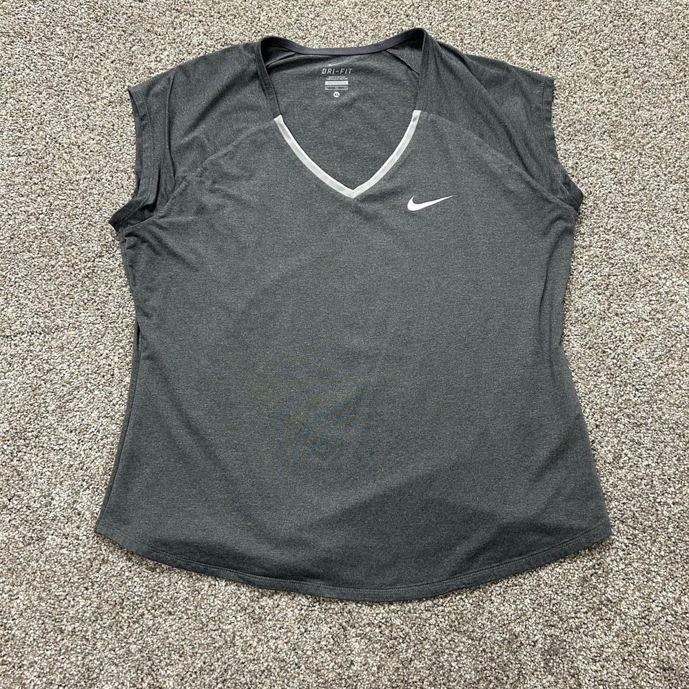 Nike Shirt Womens XL Gray Dri-FIT V-Neck Short Sleeve Running Workout Top